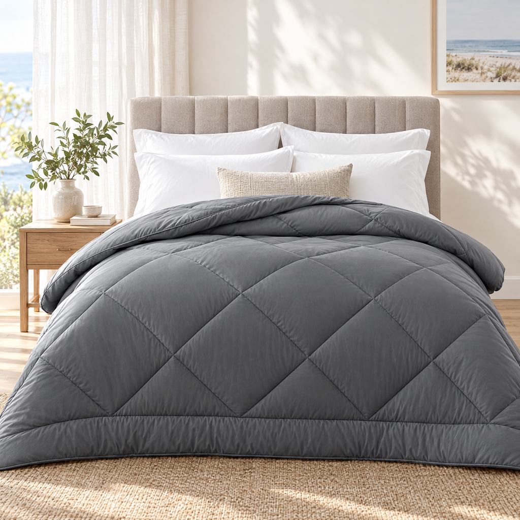 Bamboo Quilt in Coastal Grey on a made bed