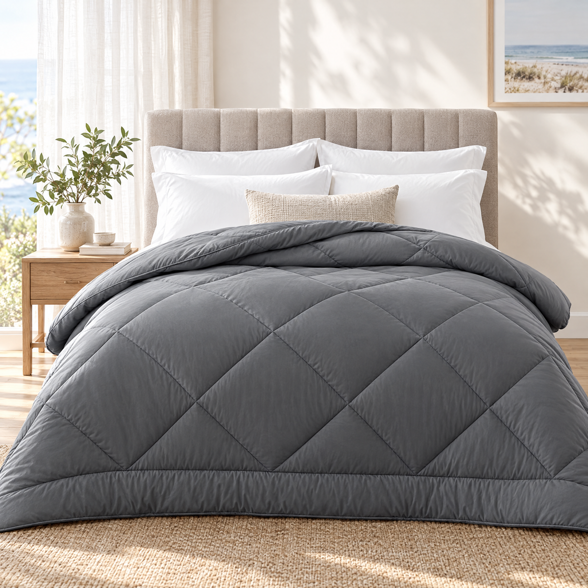 Bamboo Quilt in Coastal Grey on a made bed