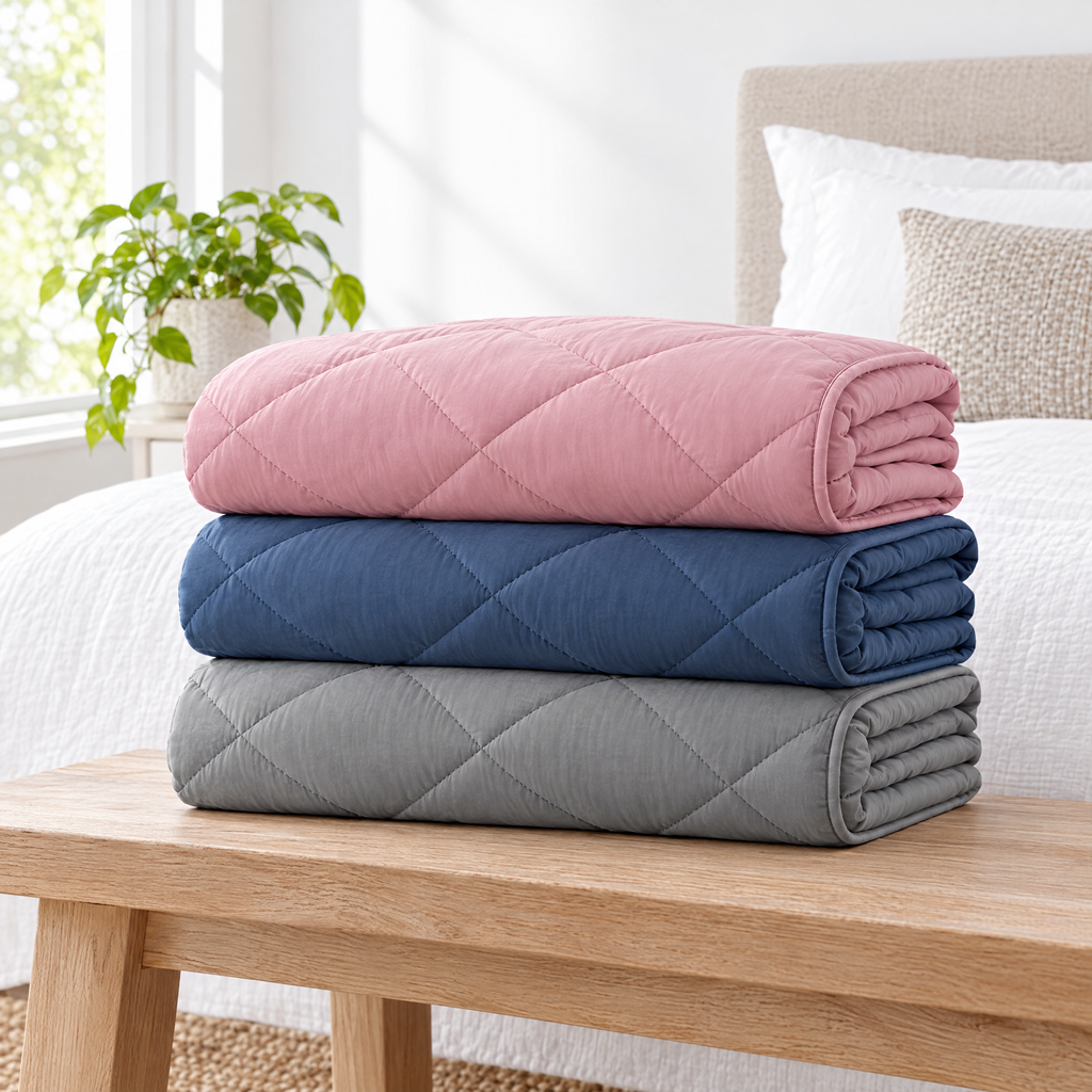 Bamboo Quilt colours: Blush Rose, Ocean Blue and Coastal Grey