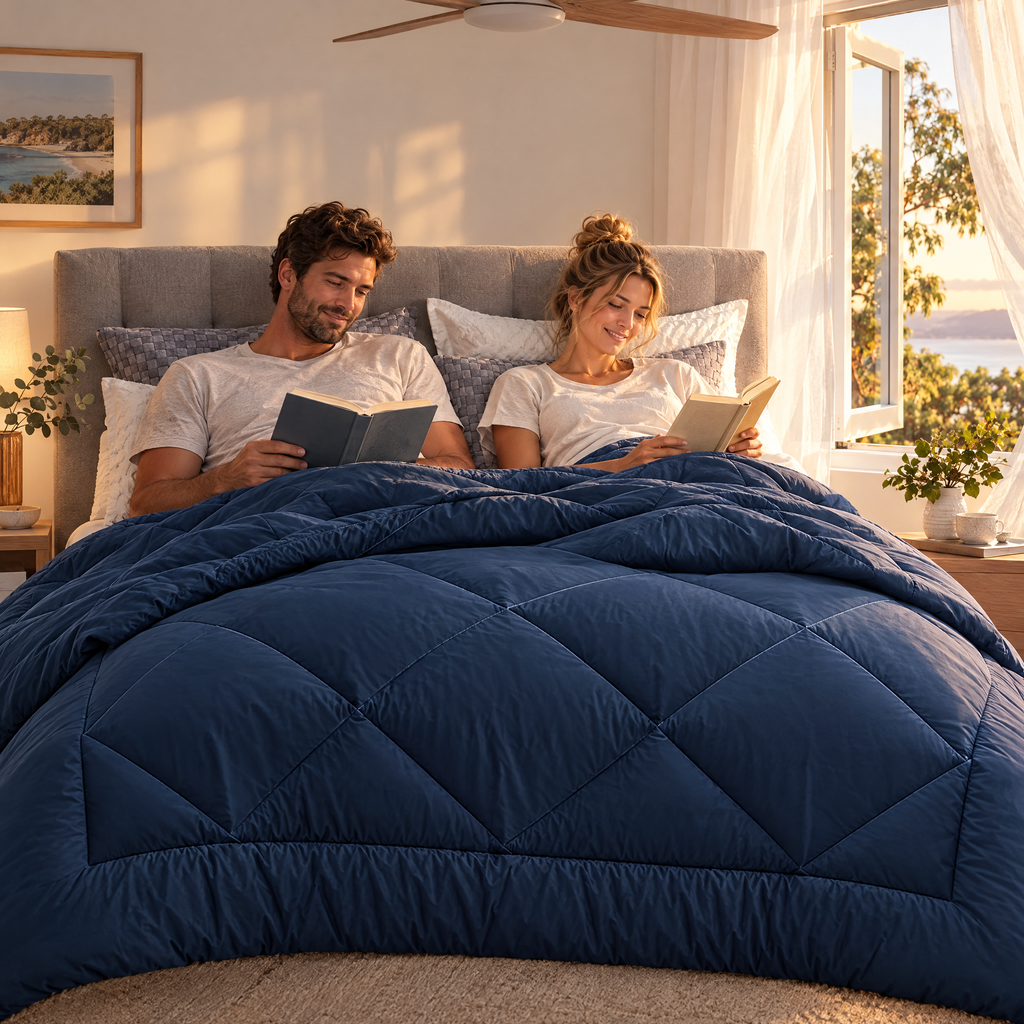 Couple relaxing under the Bamboo Quilt on a summer evening