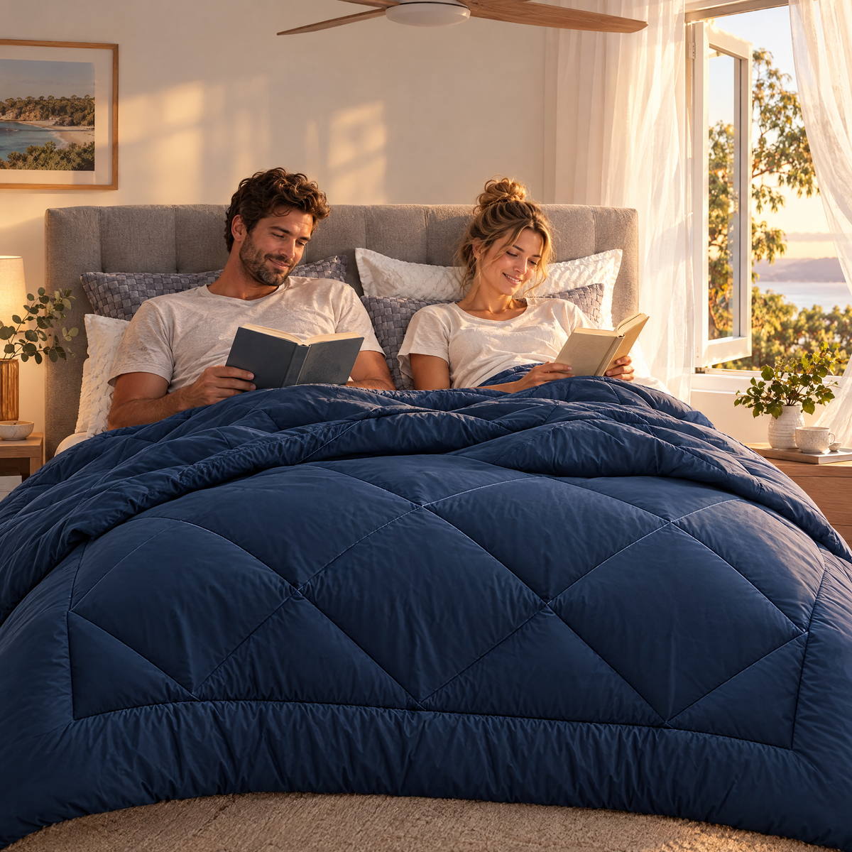 Couple relaxing under the Bamboo Quilt on a summer evening