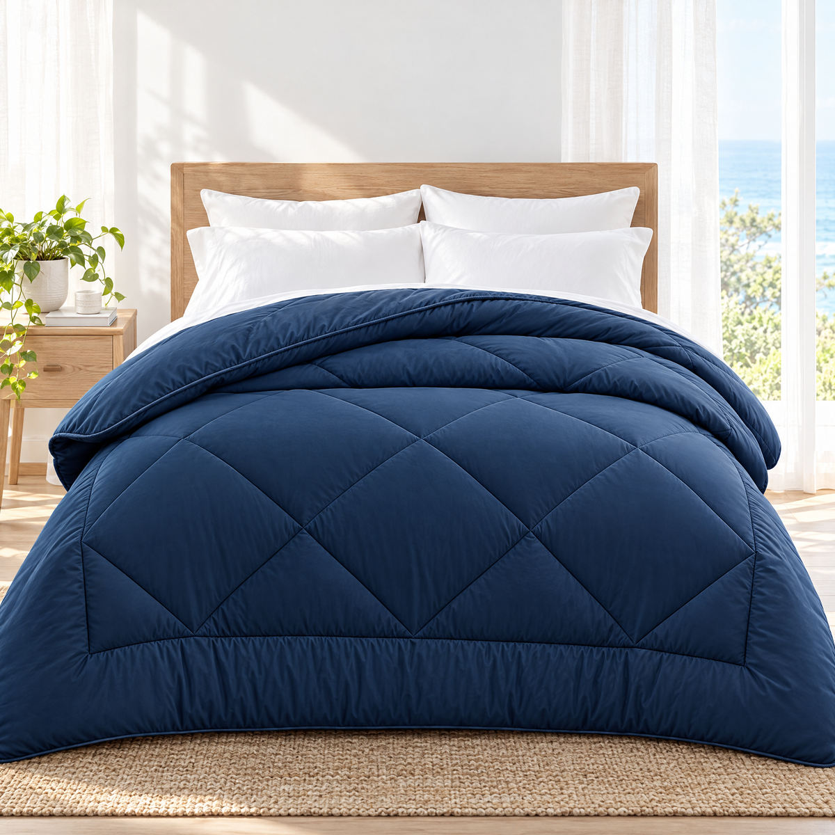Bamboo Quilt in Ocean Blue on a made bed