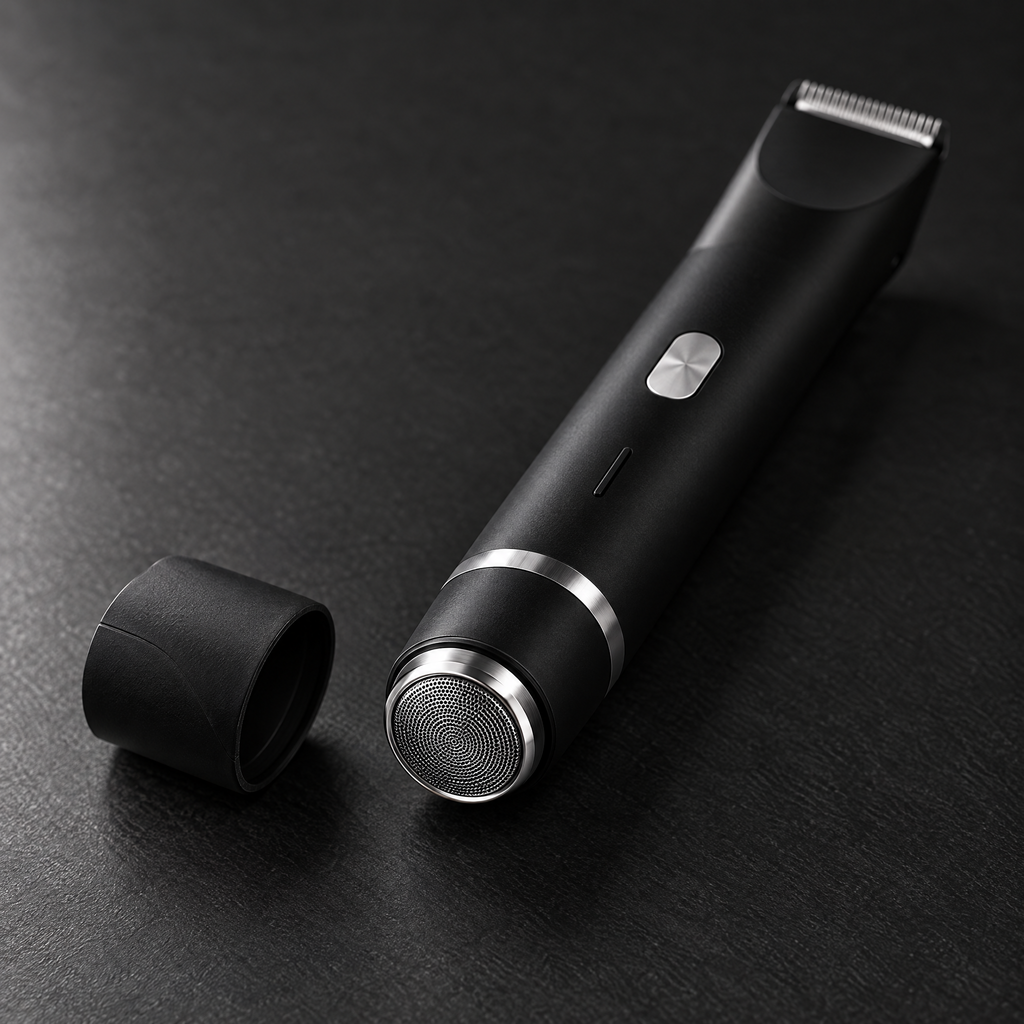 Twist off cap reveals the built in round foil shaver at the base