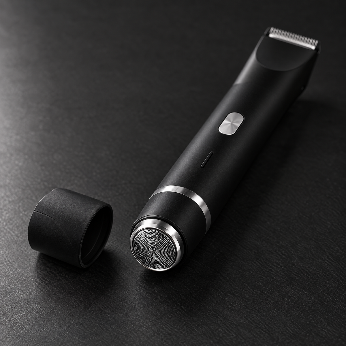 Twist off cap reveals the built in round foil shaver at the base