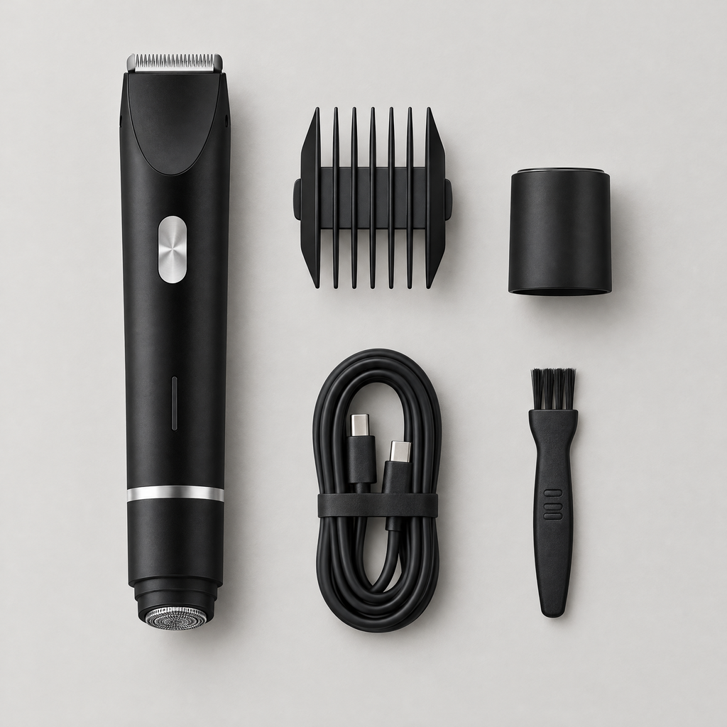 What's in the box: trimmer, cap, comb guard, USB-C cable and cleaning brush