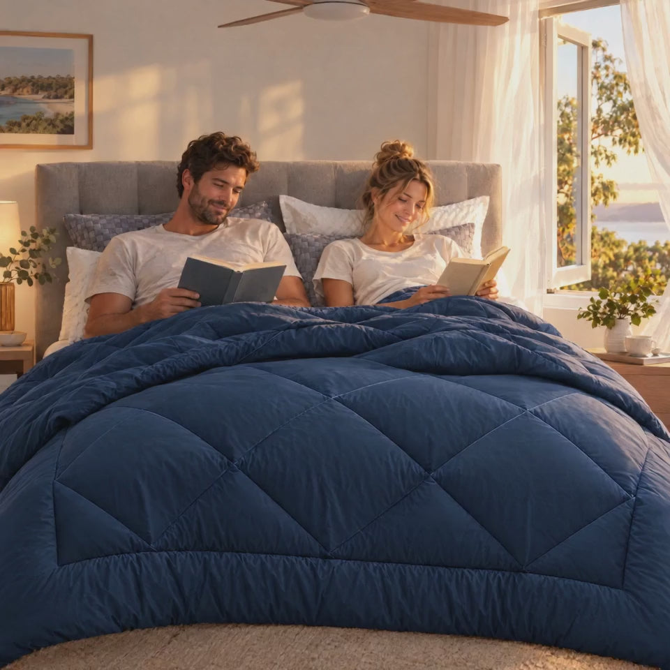 Couple settling in under the Bamboo Quilt on a summer night