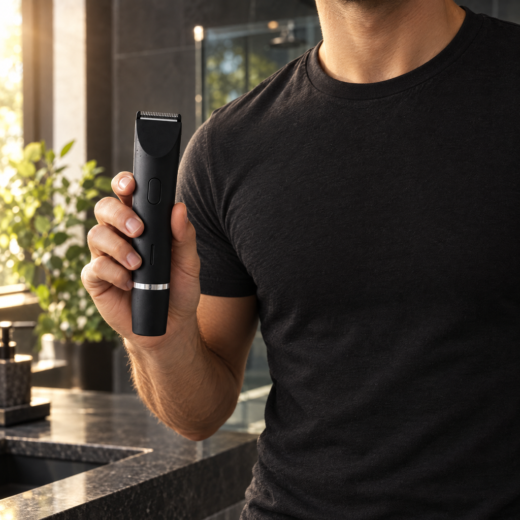 Man holding the SmoothGlide trimmer in a bathroom